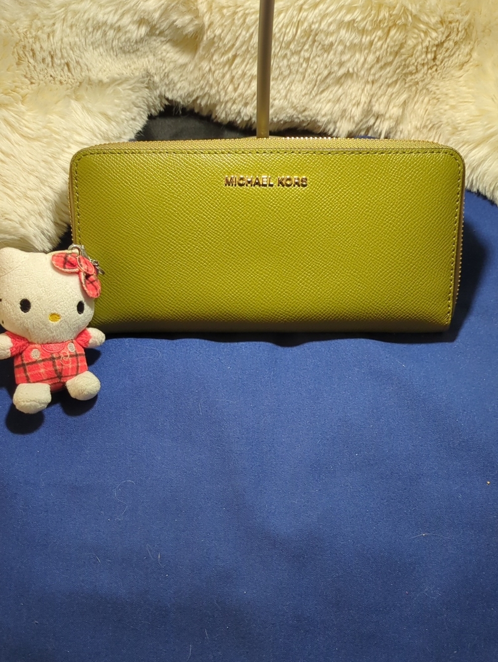 Michael Kors Lime Green Saffiano Zip-Around Wallet W/Hello Kitty Charm ONLY$80